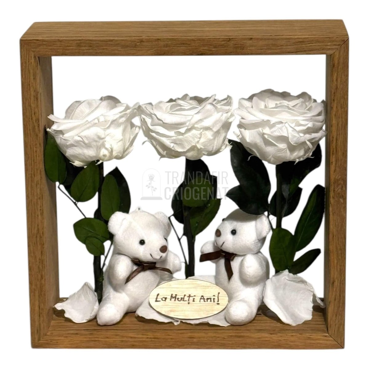Aranjament De Masă Cu 3 Trandafiri Criogenați Albi Mesaj Personalizat Și 2 Ursuleți De Plus Cadoul Perfect - Trandafir - Criogenat.ro