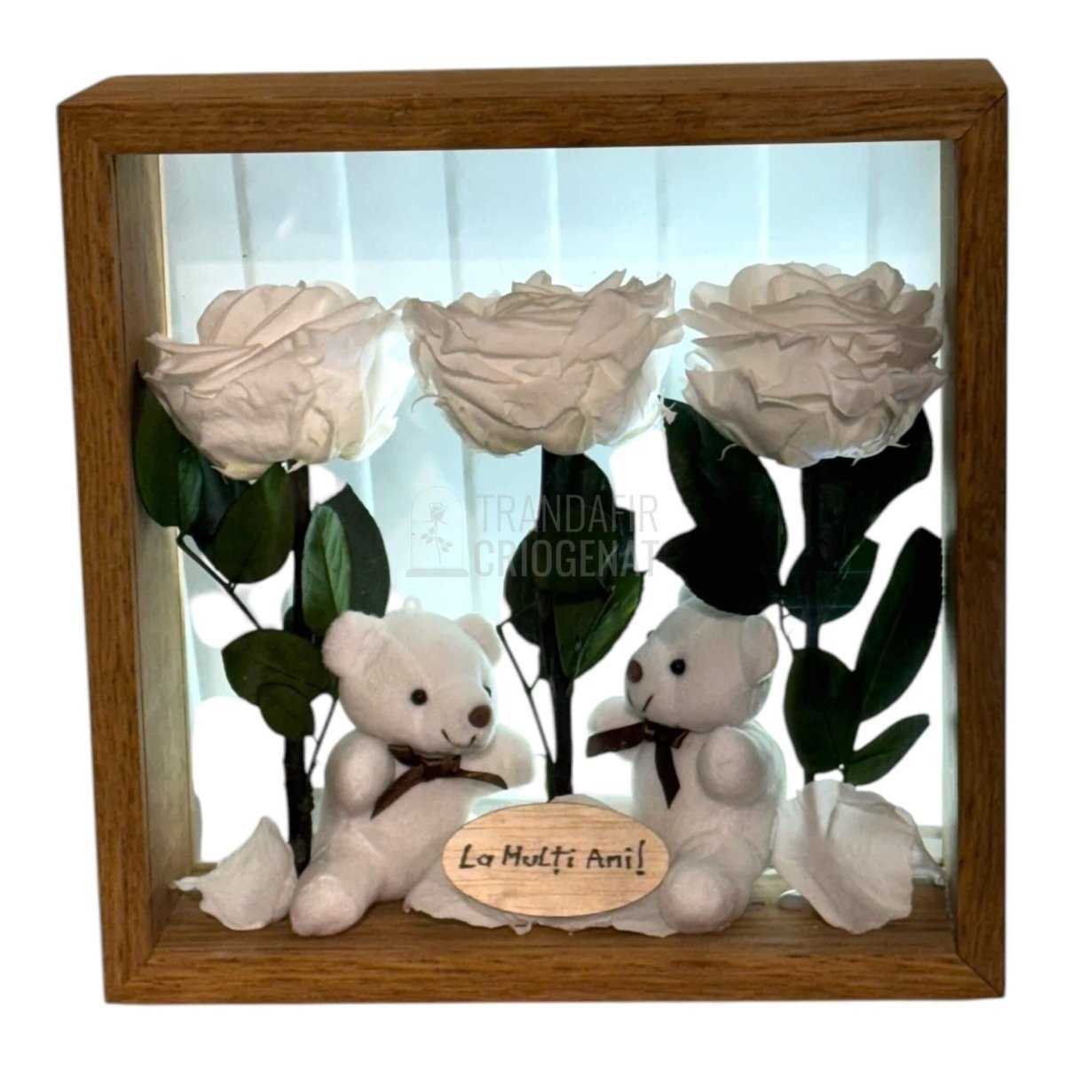 Aranjament De Masă Cu 3 Trandafiri Criogenați Albi Mesaj Personalizat Și 2 Ursuleți De Plus Cadoul Perfect - Trandafir - Criogenat.ro
