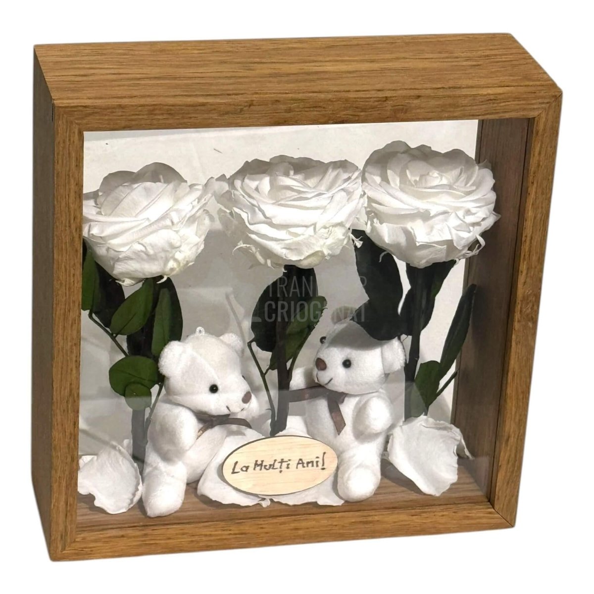 Aranjament De Masă Cu 3 Trandafiri Criogenați Albi Mesaj Personalizat Și 2 Ursuleți De Plus Cadoul Perfect - Trandafir - Criogenat.ro