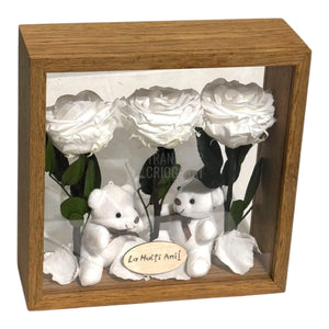 Aranjament De Masă Cu 3 Trandafiri Criogenați Albi Mesaj Personalizat Și 2 Ursuleți De Plus Cadoul Perfect - Trandafir - Criogenat.ro