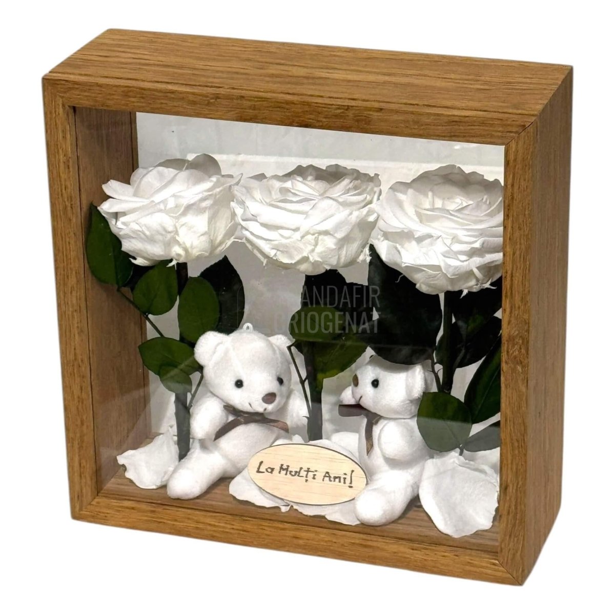Aranjament De Masă Cu 3 Trandafiri Criogenați Albi Mesaj Personalizat Și 2 Ursuleți De Plus Cadoul Perfect - Trandafir - Criogenat.ro
