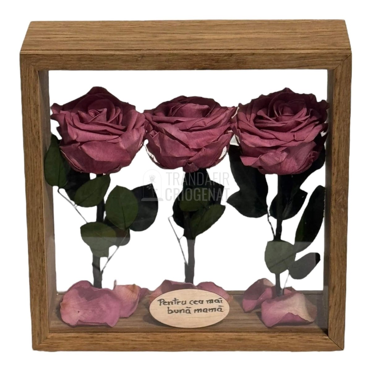 Aranjament De Masă Cu 3 Trandafiri Criogenați Mov Pudrat Și Mesaj Personalizat Eleganță Și Naturalețe - Trandafir - Criogenat.ro