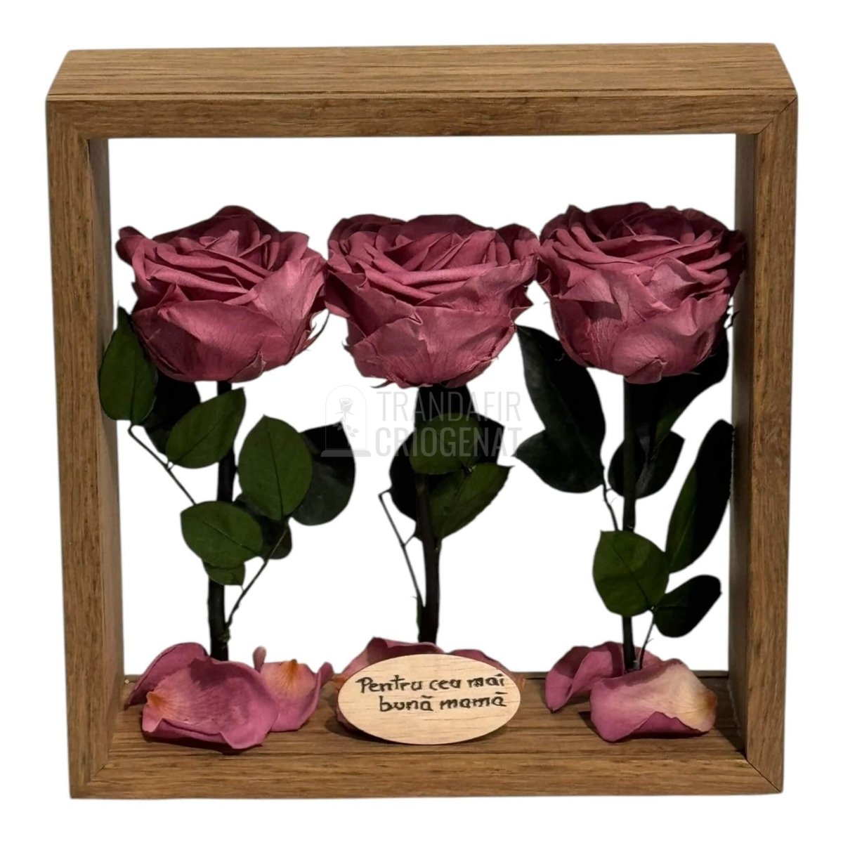 Aranjament De Masă Cu 3 Trandafiri Criogenați Mov Pudrat Și Mesaj Personalizat Eleganță Și Naturalețe - Trandafir - Criogenat.ro