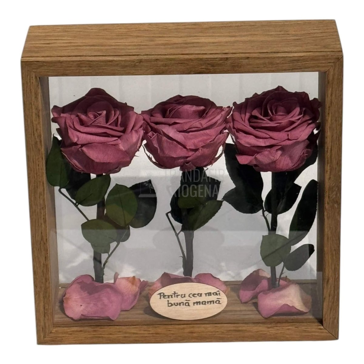 Aranjament De Masă Cu 3 Trandafiri Criogenați Mov Pudrat Și Mesaj Personalizat Eleganță Și Naturalețe - Trandafir - Criogenat.ro