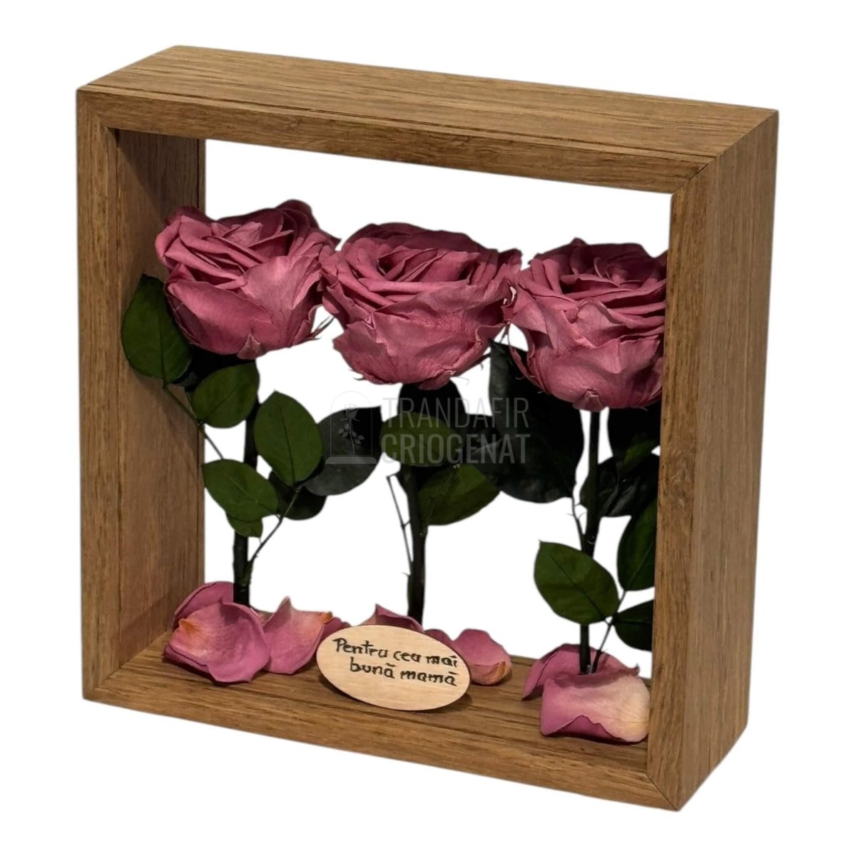 Aranjament De Masă Cu 3 Trandafiri Criogenați Mov Pudrat Și Mesaj Personalizat Eleganță Și Naturalețe - Trandafir - Criogenat.ro