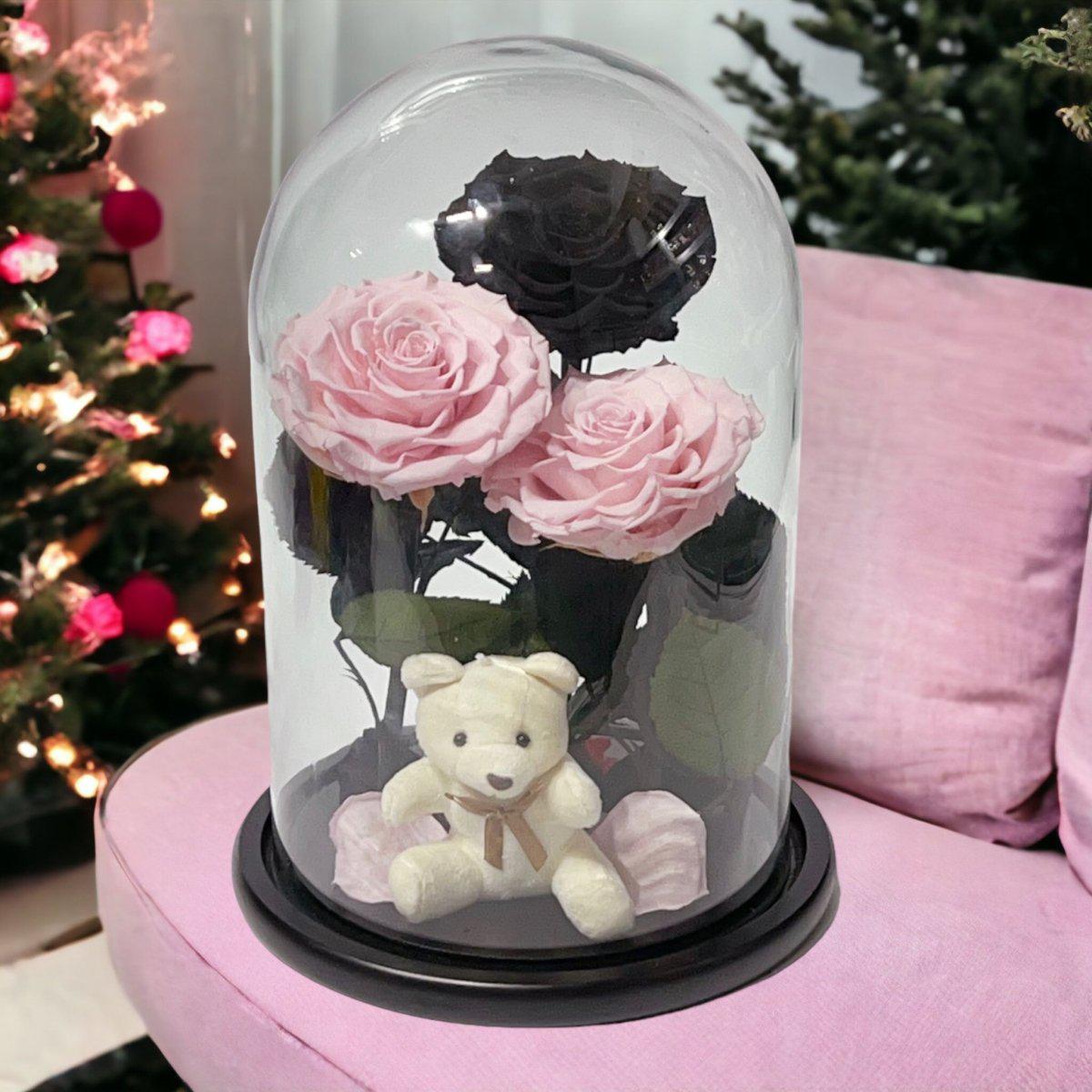 Aranjament Elegant Cu 3 Trandafiri Criogenati În Cupolă De Sticlă Roz Pal Negru - Trandafir - Criogenat.ro
