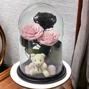 Aranjament Elegant Cu 3 Trandafiri Criogenati În Cupolă De Sticlă Roz Pal Negru - Trandafir - Criogenat.ro
