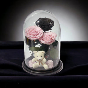 Aranjament Elegant Cu 3 Trandafiri Criogenati În Cupolă De Sticlă Roz Pal Negru - Trandafir - Criogenat.ro