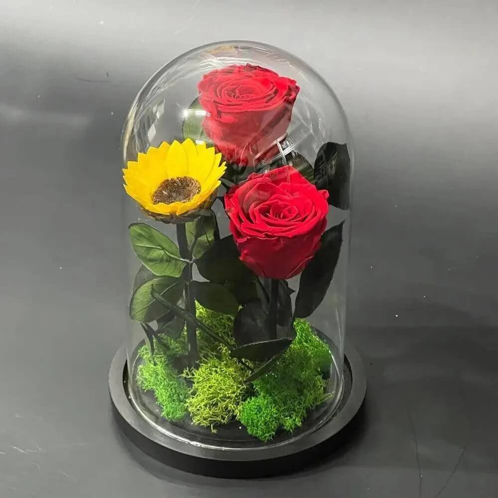 Aranjament Floral Criogenat Cu Trandafiri Roșii Și Floarea Soarelui Galbenă Cadou - Trandafir - Criogenat.ro