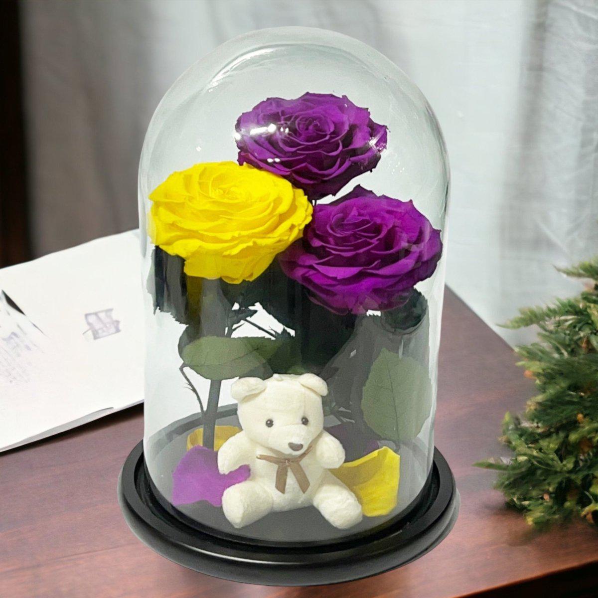Aranjament Lux Cu 3 Trandafiri Criogenati In Cupola De Sticla Eleganta Superba - Trandafir - Criogenat.ro
