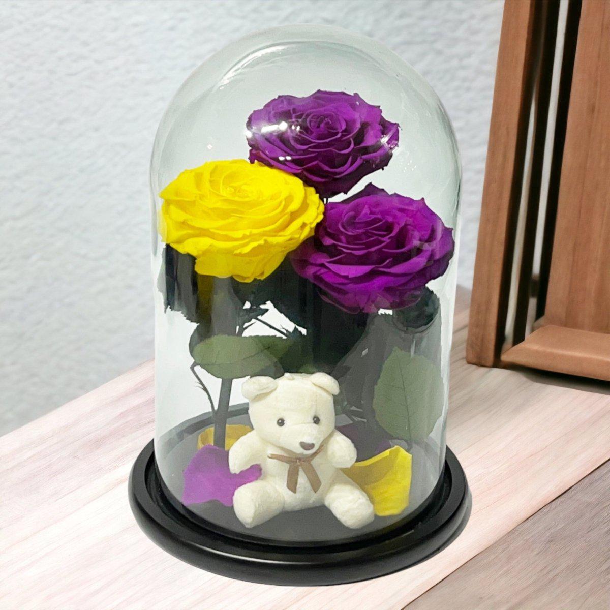 Aranjament Lux Cu 3 Trandafiri Criogenati In Cupola De Sticla Eleganta Superba - Trandafir - Criogenat.ro