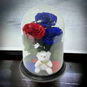 Aranjament Trandafiri Criogenați 2 Albastrii 1 Roșu Sub Cupolă de Sticlă Ursuleț - Trandafir - Criogenat.ro