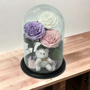 Buchet Elegant Cu 3 Trandafiri Criogenati Alb Lila Roz Pal În Cupolă De Sticlă - Trandafir - Criogenat.ro