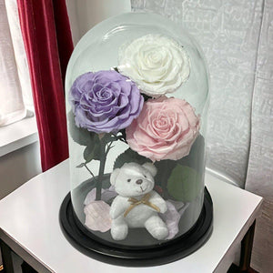 Buchet Elegant Cu 3 Trandafiri Criogenati Alb Lila Roz Pal În Cupolă De Sticlă - Trandafir - Criogenat.ro