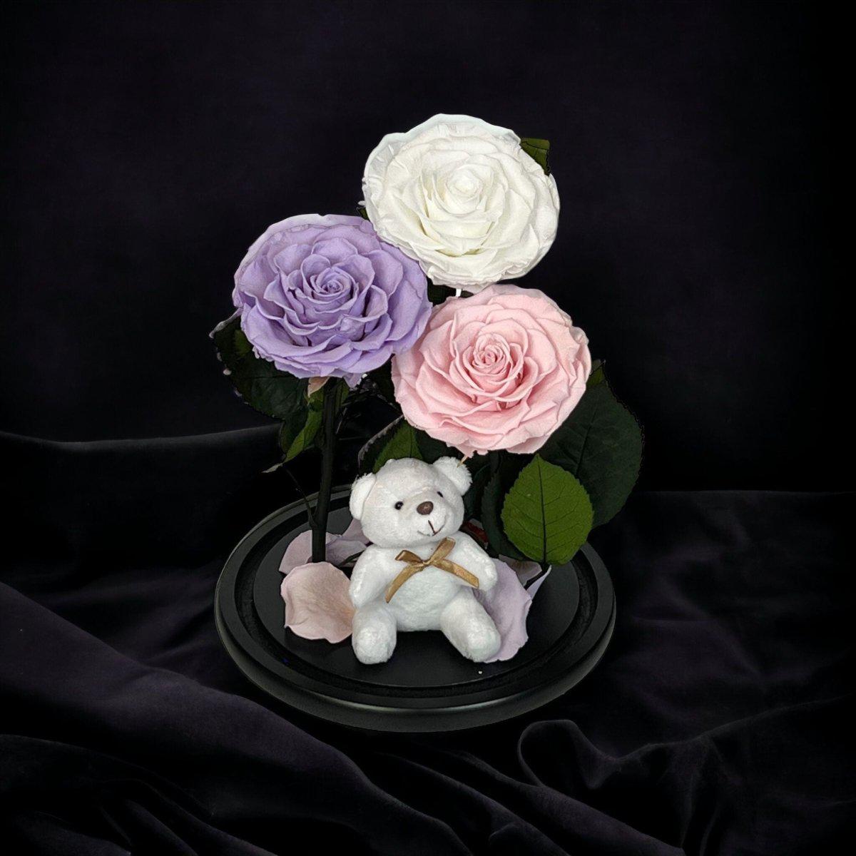 Buchet Elegant Cu 3 Trandafiri Criogenati Alb Lila Roz Pal În Cupolă De Sticlă - Trandafir - Criogenat.ro