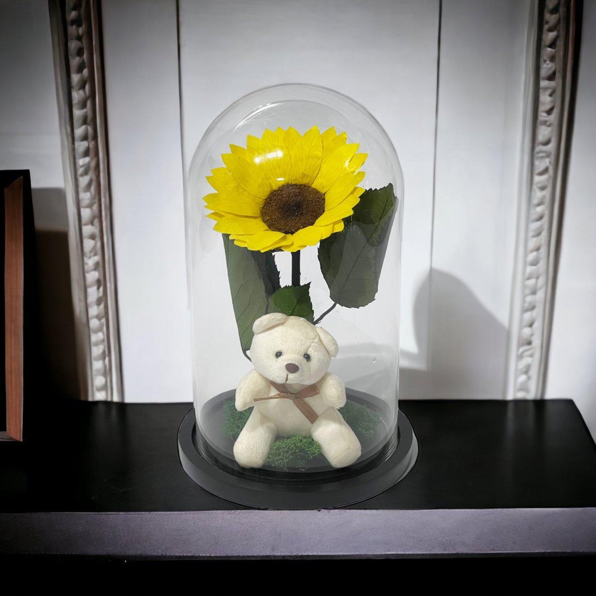 Cupolă Cu Floarea Soarelui Criogenată De 10 - 12 Cm Cu Ursuleț Mesaj Personalizat - Trandafir - Criogenat.ro