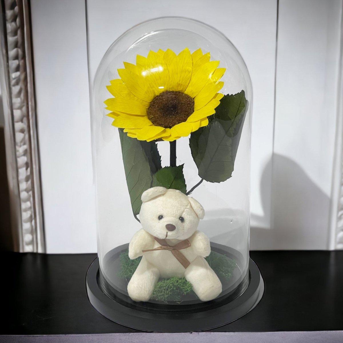 Cupolă Cu Floarea Soarelui Criogenată De 10 - 12 Cm Cu Ursuleț Mesaj Personalizat - Trandafir - Criogenat.ro