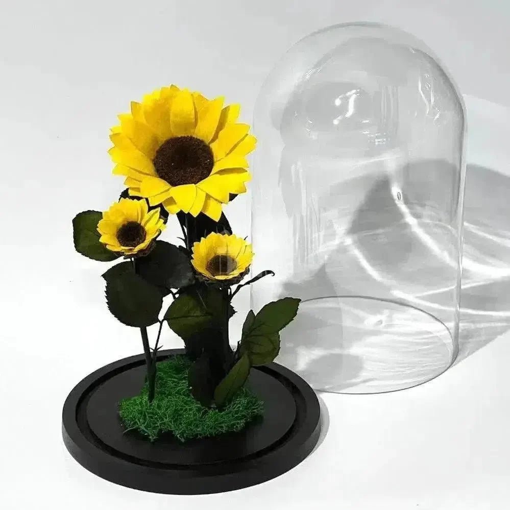Floarea Soarelui Criogenată cu Două Floricele Adiționale în Cupolă de Sticlă - Trandafir - Criogenat.ro