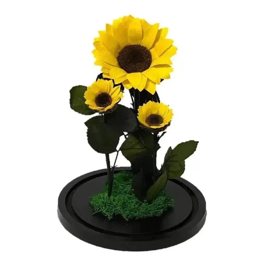 Floarea Soarelui Criogenată cu Două Floricele Adiționale în Cupolă de Sticlă - Trandafir - Criogenat.ro