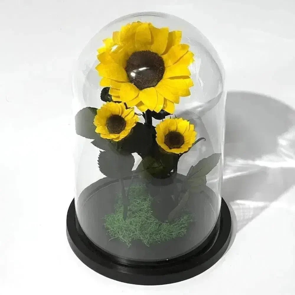 Floarea Soarelui Criogenată cu Două Floricele Adiționale în Cupolă de Sticlă - Trandafir - Criogenat.ro