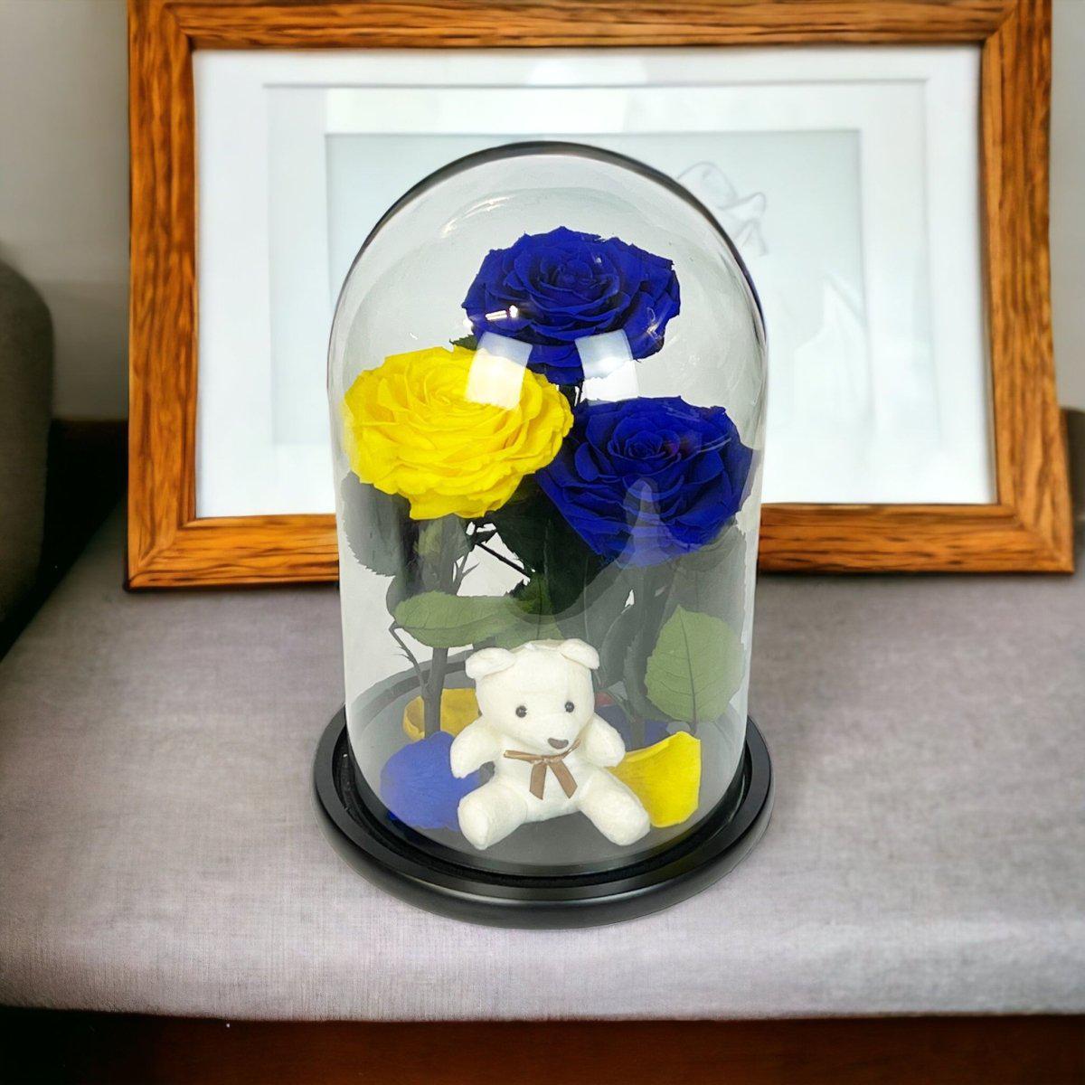 Set Cadou Trandafiri Criogenati Albastre Galben Cupolă Sticlă Ursuleț Pufos - Trandafir - Criogenat.ro