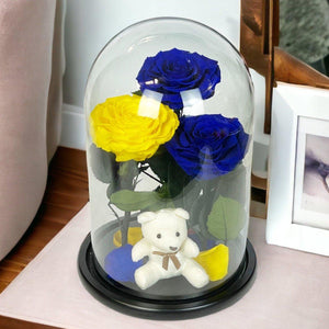 Set Cadou Trandafiri Criogenati Albastre Galben Cupolă Sticlă Ursuleț Pufos - Trandafir - Criogenat.ro