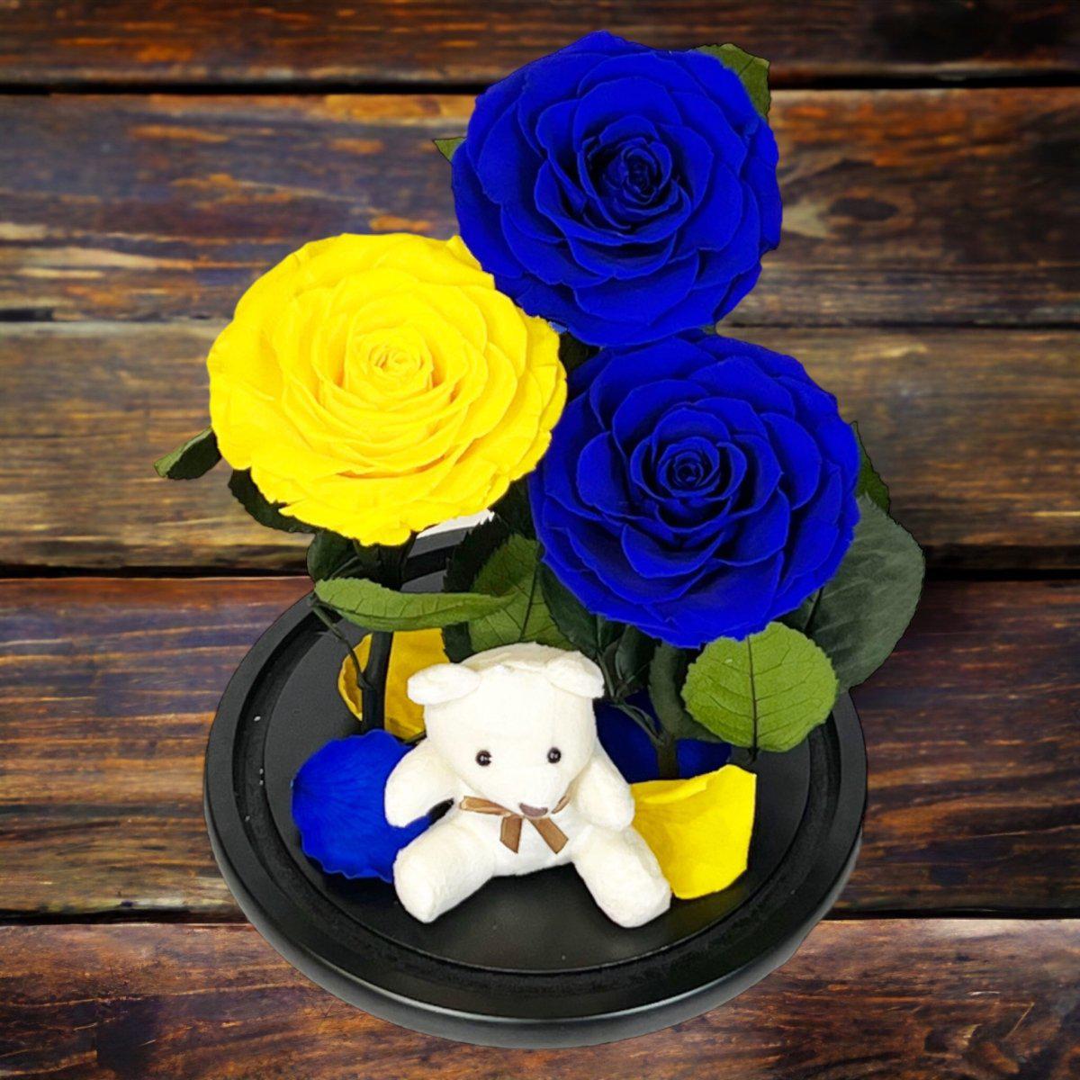Set Cadou Trandafiri Criogenati Albastre Galben Cupolă Sticlă Ursuleț Pufos - Trandafir - Criogenat.ro