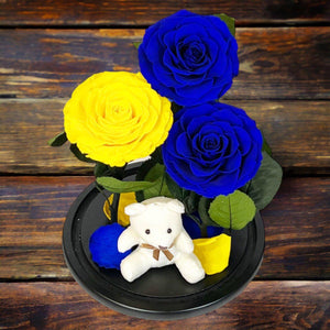 Set Cadou Trandafiri Criogenati Albastre Galben Cupolă Sticlă Ursuleț Pufos - Trandafir - Criogenat.ro