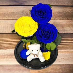 Set Cadou Trandafiri Criogenati Albastre Galben Cupolă Sticlă Ursuleț Pufos - Trandafir - Criogenat.ro