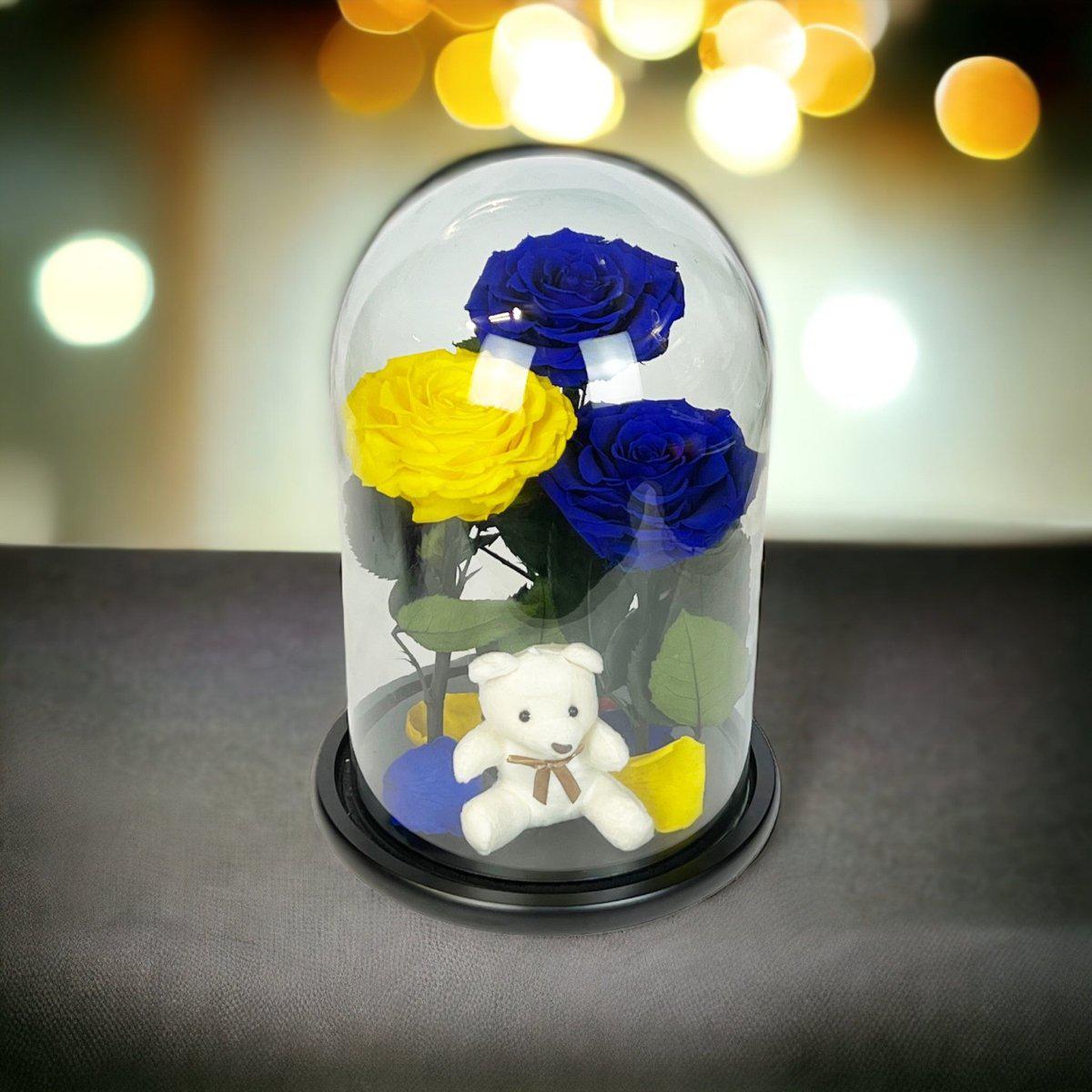 Set Cadou Trandafiri Criogenati Albastre Galben Cupolă Sticlă Ursuleț Pufos - Trandafir - Criogenat.ro
