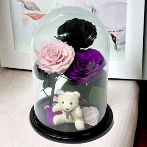 Set Cadou Trandafiri Criogenati Negru Roz Purpuriu sub Cupolă de Sticlă - Trandafir - Criogenat.ro
