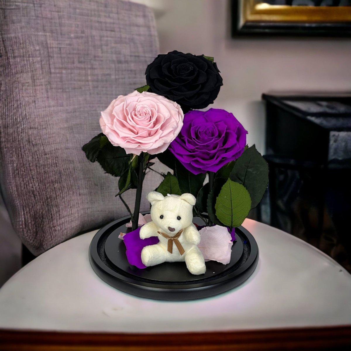 Set Cadou Trandafiri Criogenati Negru Roz Purpuriu sub Cupolă de Sticlă - Trandafir - Criogenat.ro