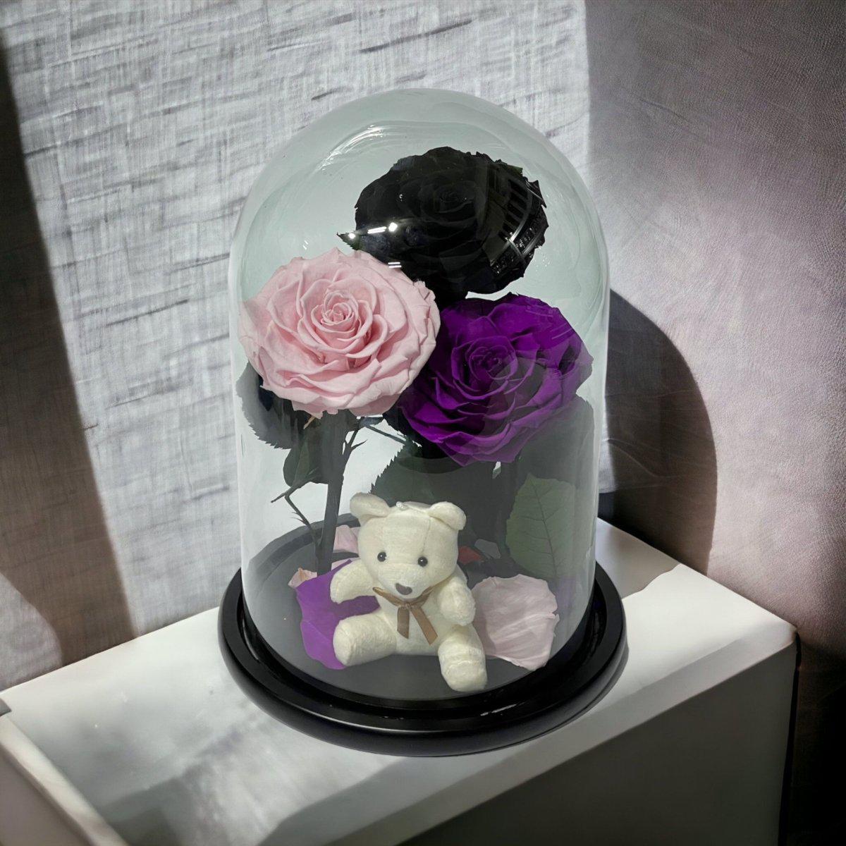 Set Cadou Trandafiri Criogenati Negru Roz Purpuriu sub Cupolă de Sticlă - Trandafir - Criogenat.ro