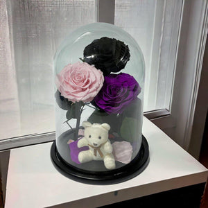 Set Cadou Trandafiri Criogenati Negru Roz Purpuriu sub Cupolă de Sticlă - Trandafir - Criogenat.ro