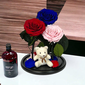 Set Cu 3 Trandafiri Criogenati În Cupolă Elegantă De Sticlă Roșu Albastru Roz - Trandafir - Criogenat.ro