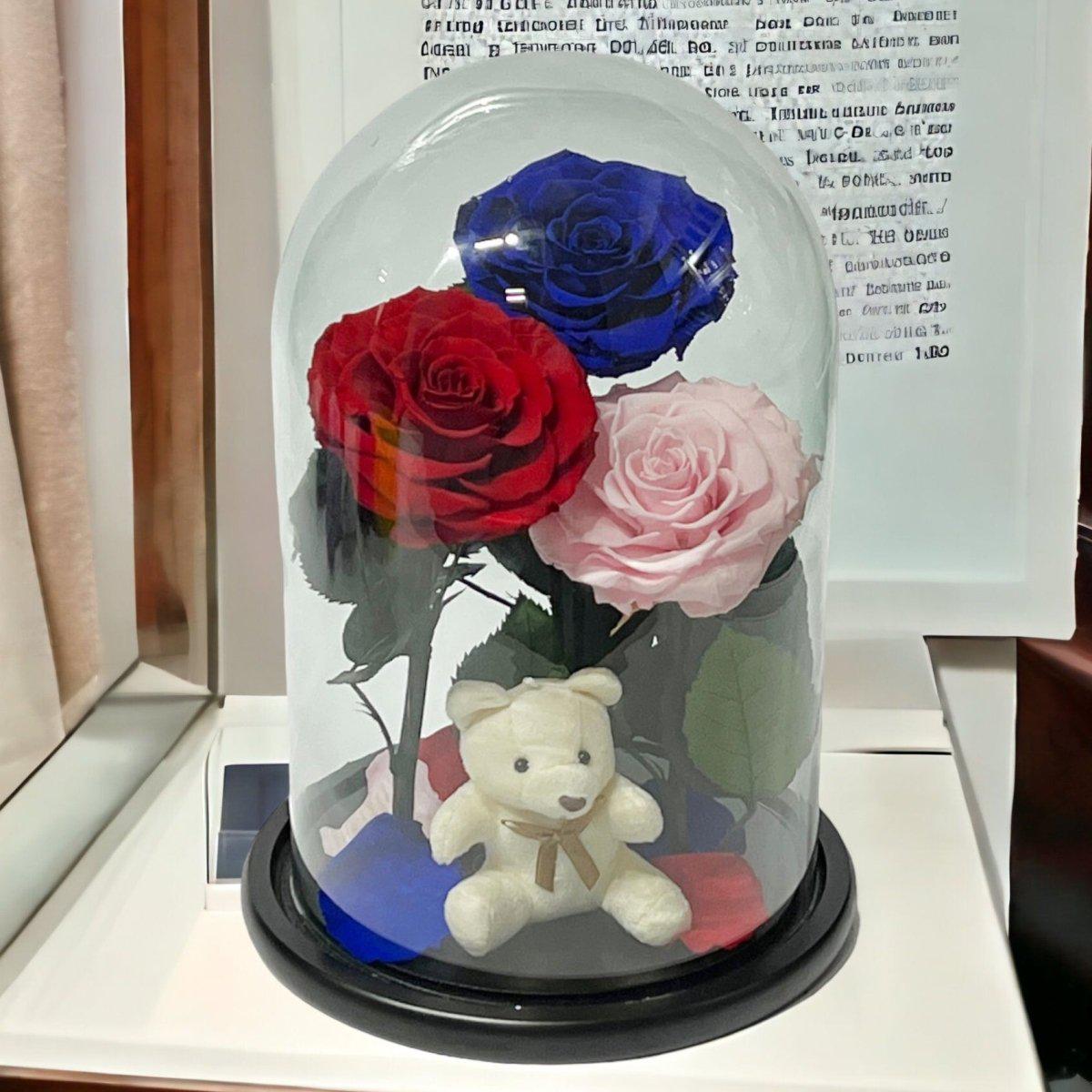 Set Cu 3 Trandafiri Criogenati În Cupolă Elegantă De Sticlă Roșu Albastru Roz - Trandafir - Criogenat.ro