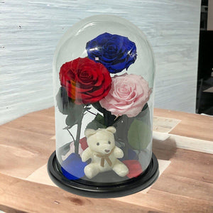 Set Cu 3 Trandafiri Criogenati În Cupolă Elegantă De Sticlă Roșu Albastru Roz - Trandafir - Criogenat.ro