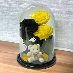 Set De 3 Trandafiri Criogenati 2 Galbeni 1 Negru În Cupolă De Sticlă Elegantă - Trandafir - Criogenat.ro