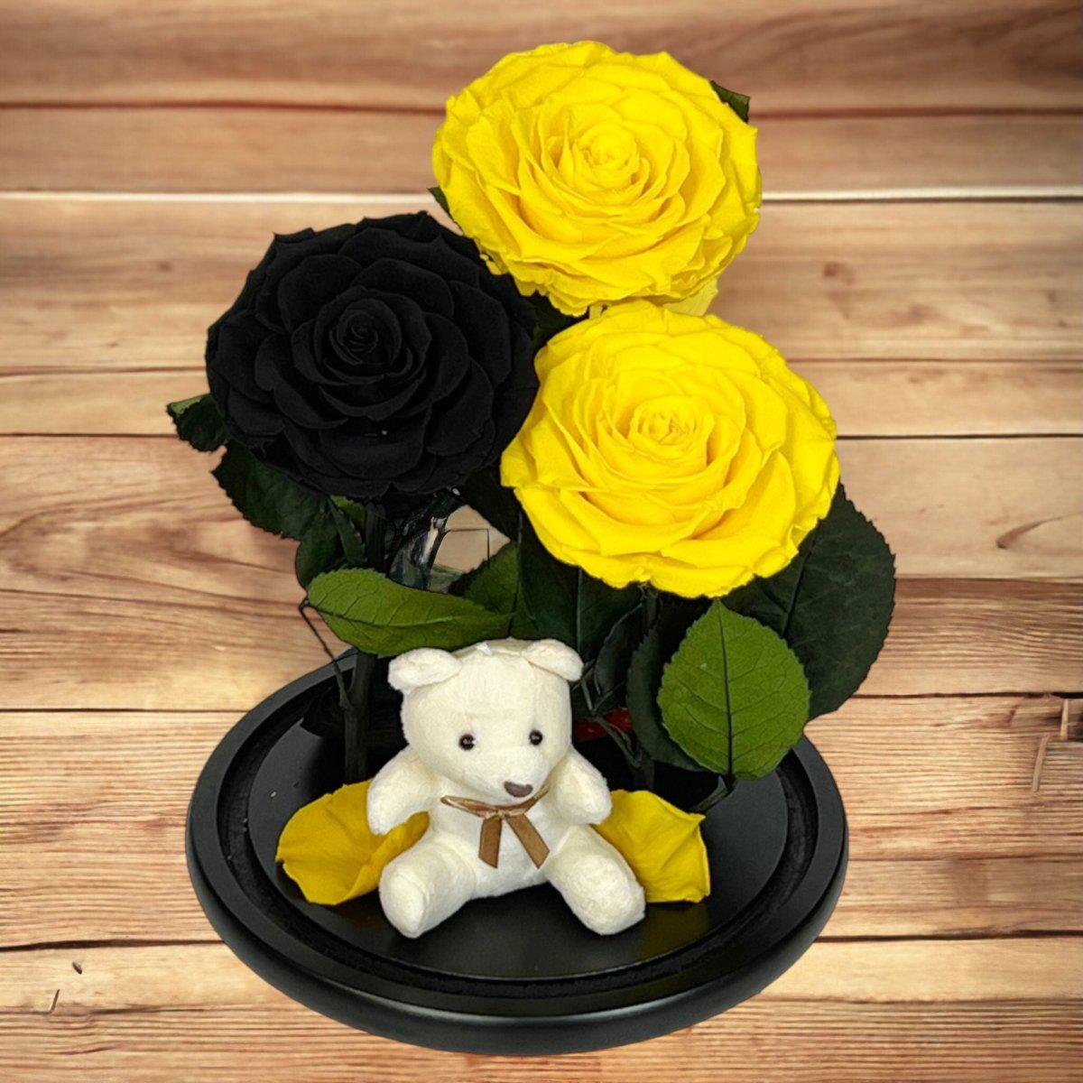 Set De 3 Trandafiri Criogenati 2 Galbeni 1 Negru În Cupolă De Sticlă Elegantă - Trandafir - Criogenat.ro