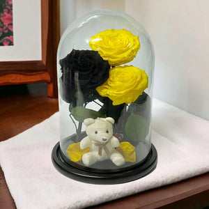 Set De 3 Trandafiri Criogenati 2 Galbeni 1 Negru În Cupolă De Sticlă Elegantă - Trandafir - Criogenat.ro
