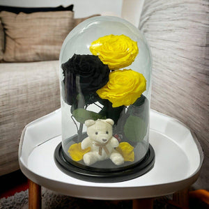 Set De 3 Trandafiri Criogenati 2 Galbeni 1 Negru În Cupolă De Sticlă Elegantă - Trandafir - Criogenat.ro