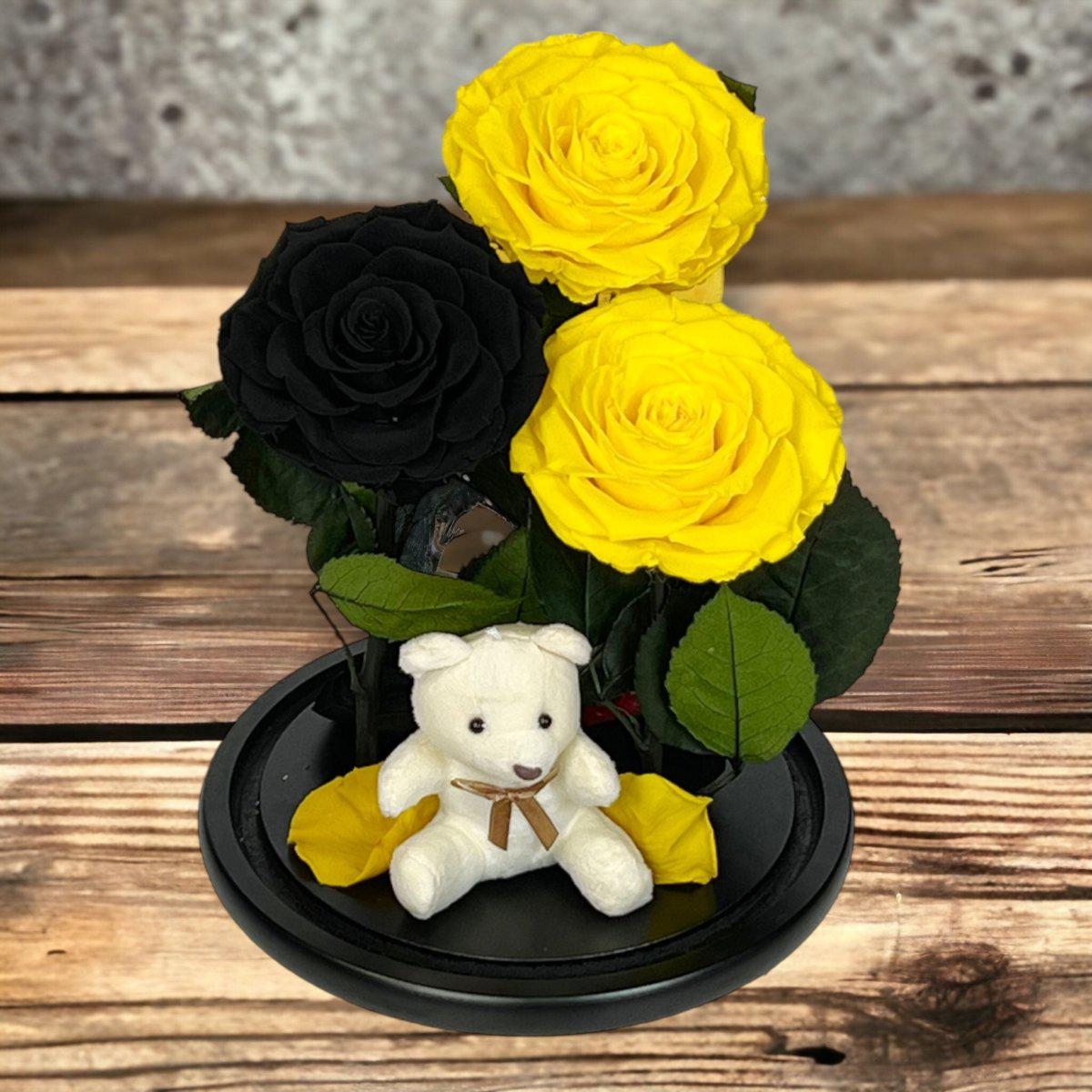 Set De 3 Trandafiri Criogenati 2 Galbeni 1 Negru În Cupolă De Sticlă Elegantă - Trandafir - Criogenat.ro