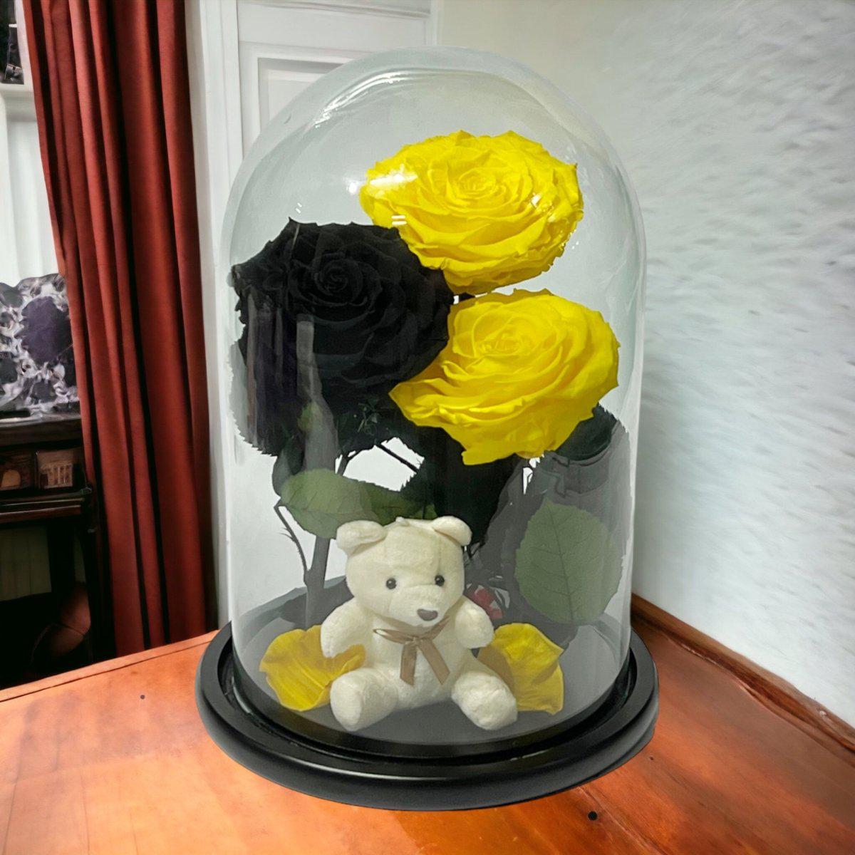 Set De 3 Trandafiri Criogenati 2 Galbeni 1 Negru În Cupolă De Sticlă Elegantă - Trandafir - Criogenat.ro