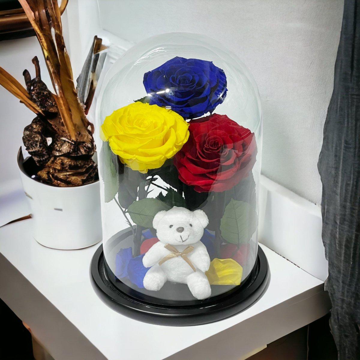 Set De 3 Trandafiri Criogenati De Lux Albastru Galben Roșu Sub Cupolă De Sticlă - Trandafir - Criogenat.ro