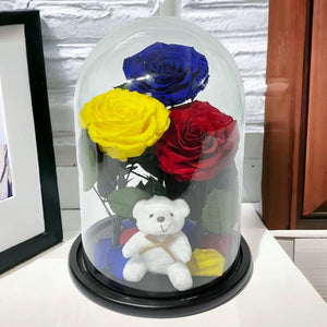 Set De 3 Trandafiri Criogenati De Lux Albastru Galben Roșu Sub Cupolă De Sticlă - Trandafir - Criogenat.ro
