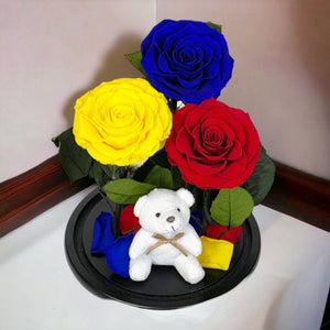 Set De 3 Trandafiri Criogenati De Lux Albastru Galben Roșu Sub Cupolă De Sticlă - Trandafir - Criogenat.ro