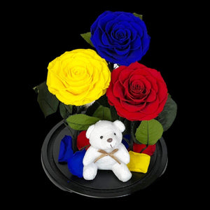 Set De 3 Trandafiri Criogenati De Lux Albastru Galben Roșu Sub Cupolă De Sticlă - Trandafir - Criogenat.ro