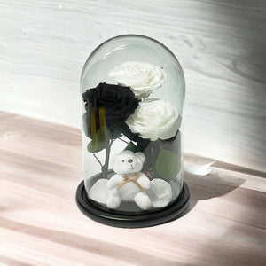 Set De 3 Trandafiri Criogenati In Cupolă De Sticlă Cu Ursuleț Plușat Cadou - Trandafir - Criogenat.ro