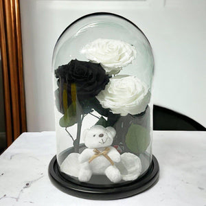 Set De 3 Trandafiri Criogenati In Cupolă De Sticlă Cu Ursuleț Plușat Cadou - Trandafir - Criogenat.ro