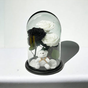 Set De 3 Trandafiri Criogenati In Cupolă De Sticlă Cu Ursuleț Plușat Cadou - Trandafir - Criogenat.ro